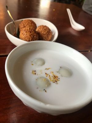 Sesame balls and coconut soup with black sesame sticky rice balls (also one of my favs) at Leaf Vegetarian in Rotterdam