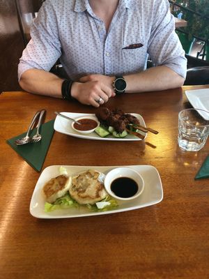 Filled pancakes and chicken saté at Leaf Vegetarian in Rotterdam