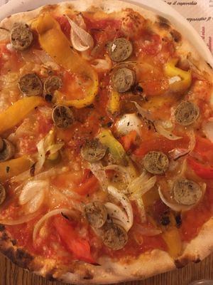 Pizza with vegan cheese, sausage, onions, and bell peppers  at Pizzeria Vesuvio in Moncalieri