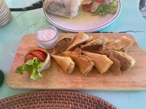 Massaman spring rolls  at Pak Pak Vegan Food in Trat