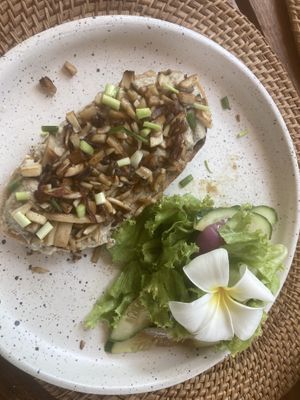 Truffle hummus and mushrooms on toast  at Pak Pak Vegan Food in Trat