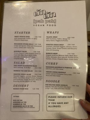 Evening menu (slightly different to breakfast/day menu)  at Pak Pak Vegan Food in Trat