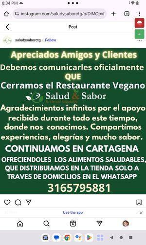 An announcement on their Instagram page saying that they have closed down the restaurant but they will still offer delivery of the healthy items that they had in their store at Salud & Sabor in Bolivar