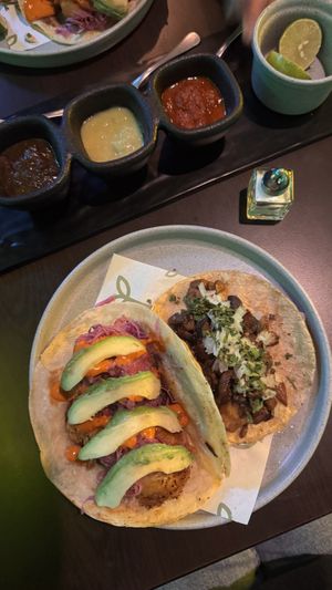 left the cauliflower taco (ensenada), right the alguito setas y hongos  at Alguito Vegano in Mexico City