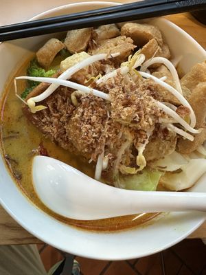 Laksa with soy pieces  at September Vegan Food in Wellington
