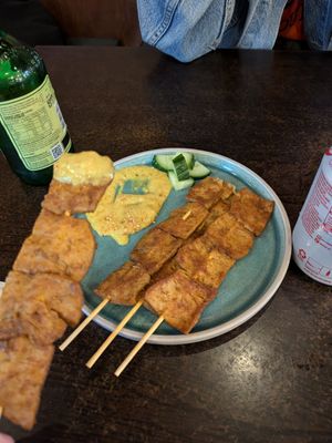 Chicken satay skewers at September Vegan Food in Wellington