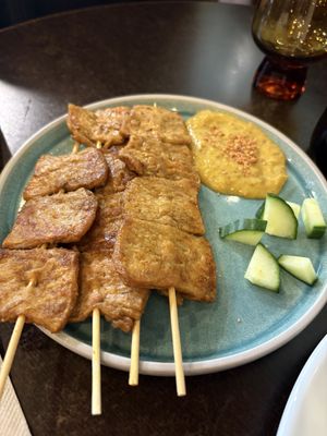 Satay “chicken” skewers  at September Vegan Food in Wellington
