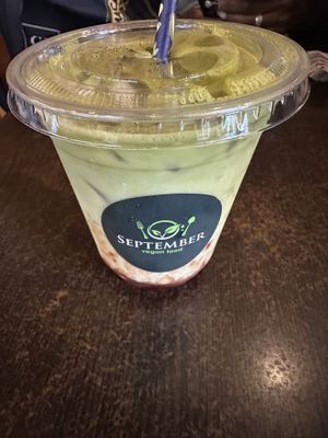 Strawberry Matcha Drink with oat milk   at September Vegan Food in Wellington