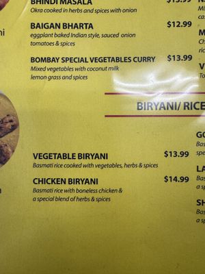 Biryani Menu  at Quality of Bombay in Lawndale