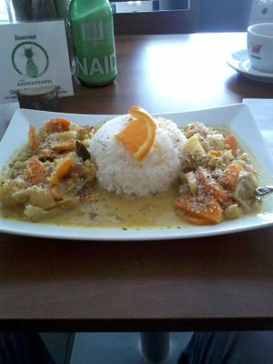Vegetable curry and rice at Katzentempel - München in Munich