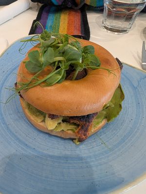 Sausage and avocado bagel at Joys Coffee House in Otley