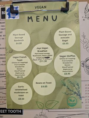 Vegan menu at Joys Coffee House in Otley