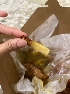 Sugar cane bone, it soaks up flavor and tastes yummy to suck on. Sweet & Savory finish to the meal.  at ON THE RUN Vegan in Miami