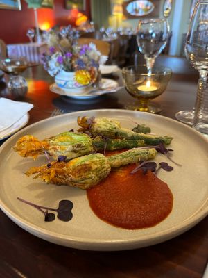 Zucchini Flowers ~ stuffed with cashew cream, with a spicy tomato sauce (vg) at Avalon Restaurant & Cocktail Bar in Katoomba
