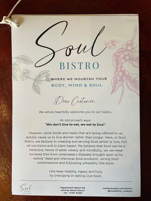 Menu at Soul Bistro in Varkala