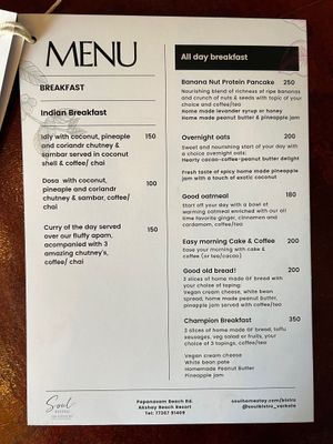 Menu at Soul Bistro in Varkala