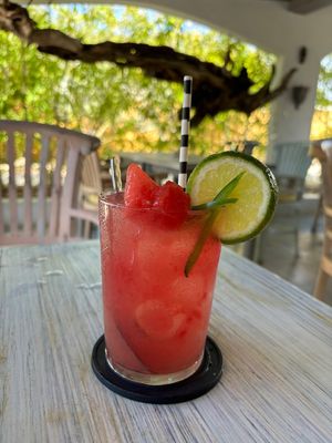 Watermelon Jalapeño Margarita made with fresh watermelon juice, refreshing with a kick! at Isabelle Off The Beach in Westpunt