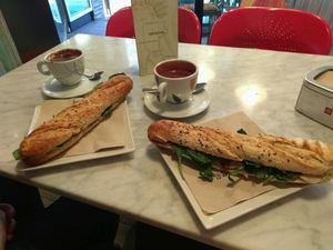 Hot chocolate and a Catalan sausage, avocado and sun-dried tomato sandwich. at Santoni - When food is the solution in Barcelona