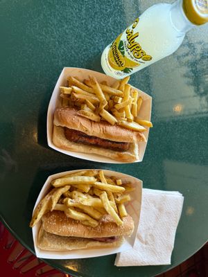 beyond sausage comes with fries, also bought a lemonade
 at The Dog House in Bodega Bay