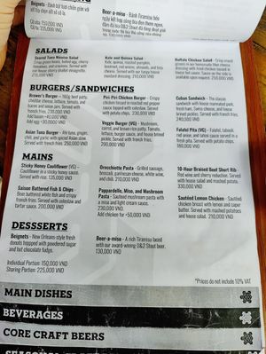 Main dishes menu at Turtle Lake Brewing Company in Hanoi