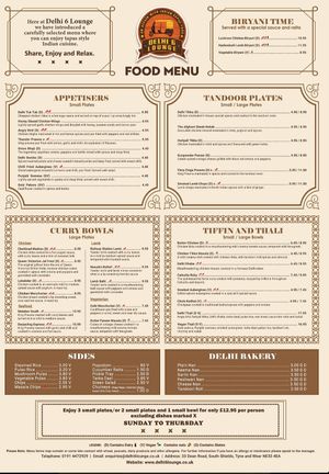 Menu V = vegan at Delhi 6 Lounge in South Shields