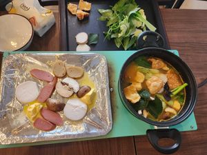 Hotpot and grill. They use magarine and the only hotpot is Thai style. Not spicy so no worries at Tam Tue Bi in Hanoi