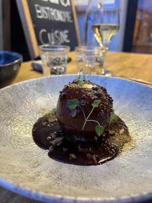 Poached pear with vanilla and chocolate saucee  at Etika in Bidart