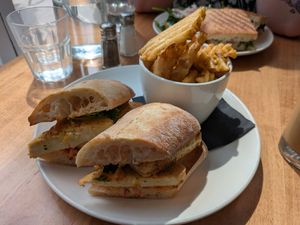 Bahn Mi sandwiches with waffle fries at Lay Low Cafe in Kingston