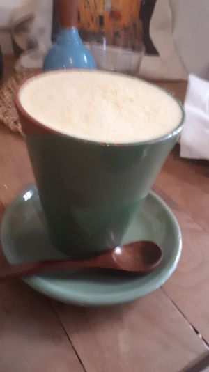 Generous cup of golden milk at Boho Café   in Rabat