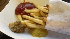 Fries with ketchup & mustard  at Universal Studios - Hot Dog Hall of Fame in Orlando