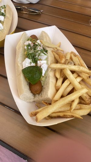 Vegan dog and fries  at Universal Studios - Hot Dog Hall of Fame in Orlando