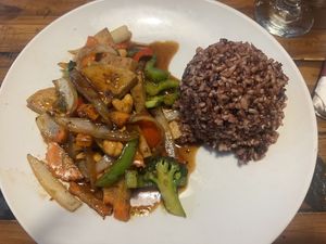Lunch portion of Cashew Nut and mock chicken with brown rice  at Srijom's Place Thai Restaurant in Bloomsburg