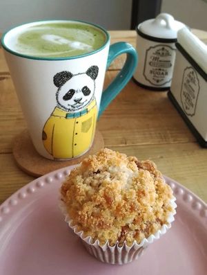 Matcha latte (soy) & Banana muffin at Chez Marie Pan & Café in Hermosillo