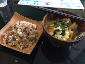 Red curry (60 baht) with brown rice (20 baht) at Morning Glory in Chiang Mai