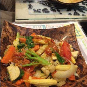 curry fried tofu and vegetables with rice  at Morning Glory in Chiang Mai
