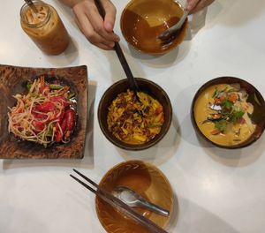 Somtam, khaosoi and tomyum soup at Morning Glory in Chiang Mai