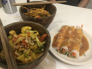 Khao soy, masaman curry and spring rolls at Morning Glory in Chiang Mai