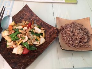 Stir fried cashew nuts with tofu and vegetables (50 baht) and brown rice (10 baht) at Morning Glory in Chiang Mai