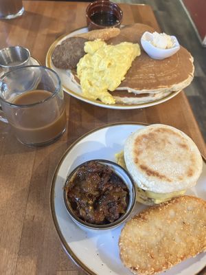 Fluffy American pancake breakfast and breakfast sandwich with sambol!   at Cooper's Co-op Cafe in Portland