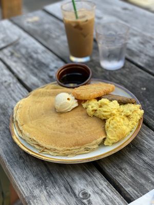American pancake combo with iced coffee in the backgroundd  at Cooper's Co-op Cafe in Portland