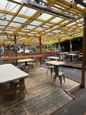 Outdoor patio with plenty of my of seatingg  at Cooper's Co-op Cafe in Portland