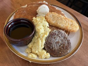 massive pancake combo — totally enough for two people.  at Cooper's Co-op Cafe in Portland