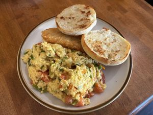 huge “egg” scamble with tomatoes and scallions.  at Cooper's Co-op Cafe in Portland