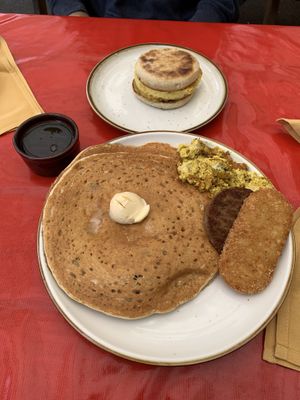 Sausage breakfast Sando and Blueberry pancakes  at Cooper's Co-op Cafe in Portland