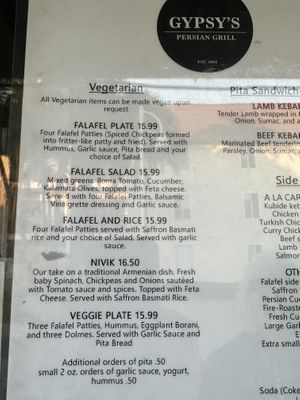 Vegetarian menu says VEGAN upon request  at Gypsy's Persian Grill in Long Beach