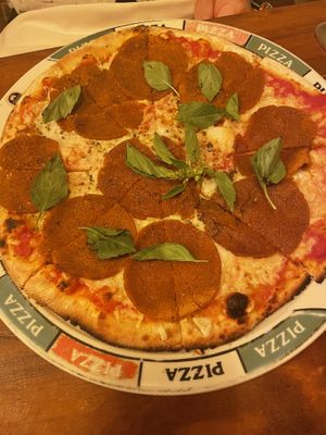 Vegan pepperoni pizza  at Casa Rolandi in Cancun