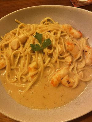 Vegan Linguini alfredo with « shrimp"  at Casa Rolandi in Cancun