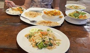 Delicious veggie options. Veggie clear soup, roti with red curry and white rice and green curry and veggie pad Thai. Seems like you can ask to leave out egg to make vegan.   at Sugar's Coffee and Restaurant in Koh Muk