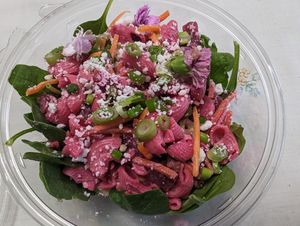 Pink pasta salad at Village Farmacy  in Poland
