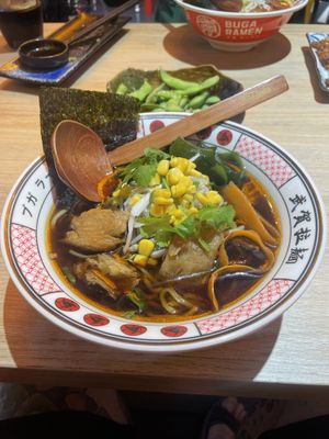 Ramen yasai shoyu (12,60€) and Edamame (4€)  at Buga Ramen  in Bilbao